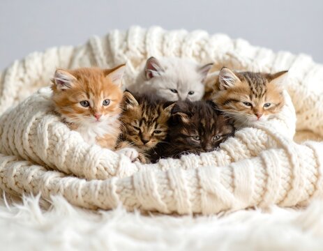 Five kittens nestled in a warm knit blanket - Powered by Adobe