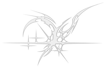 Chrome neo tribal tattoo. Succubus womb sigils and sharp cyber sigilism elements in liquid silver Y2K style