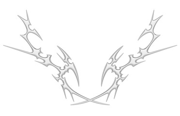 Chrome neo tribal tattoo. Succubus womb sigils and sharp cyber sigilism elements in liquid silver Y2K style