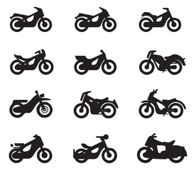 Naklejka premium Black silhouette icons depicting various motorcycle types arranged on a white background
