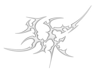 Chrome neo tribal tattoo. Succubus womb sigils and sharp cyber sigilism elements in liquid silver Y2K style
