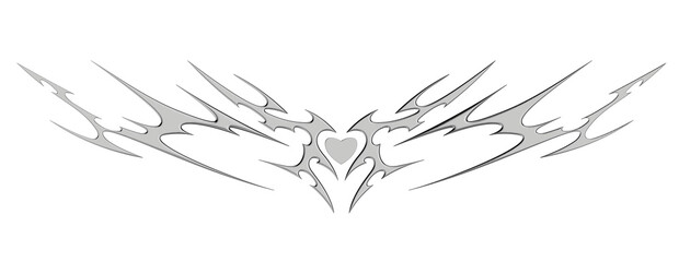 Chrome neo tribal tattoo. Succubus womb sigils and sharp cyber sigilism elements in liquid silver Y2K style