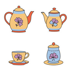 Hand Drawn Tea Set Illustration with Teapots Cup and Sugar Bowl