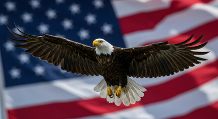 Naklejka premium Majestic Bald Eagle in Flight Against American Flag: Patriotism, Freedom, and Soaring Power.