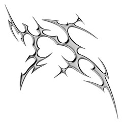Chrome neo tribal tattoo. Succubus womb sigils and sharp cyber sigilism elements in liquid silver Y2K style