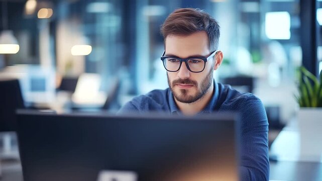young professional, modern glasses, computer tasks, contemporary office, career development, IT innovations, professional focus, technology, digital workspace, business attire, office environment
