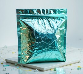 Reflective Teal Resealable Metallic Pouch with Crinkled Texture on White Display Surface for Packaging