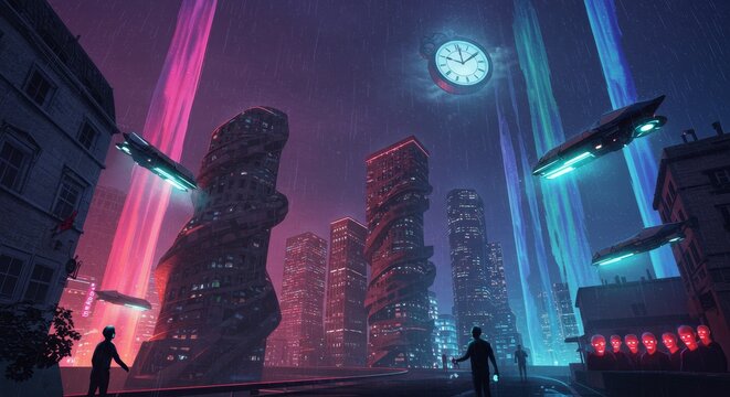 A futuristic cityscape with glowing skyscrapers, flying vehicles, and a large clock hovering above