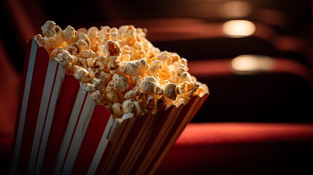 Close up of buttery popcorn spilling out of classic red and white striped box in cinema seat with dramatic lighting real photo stock photography - Powered by Adobe
