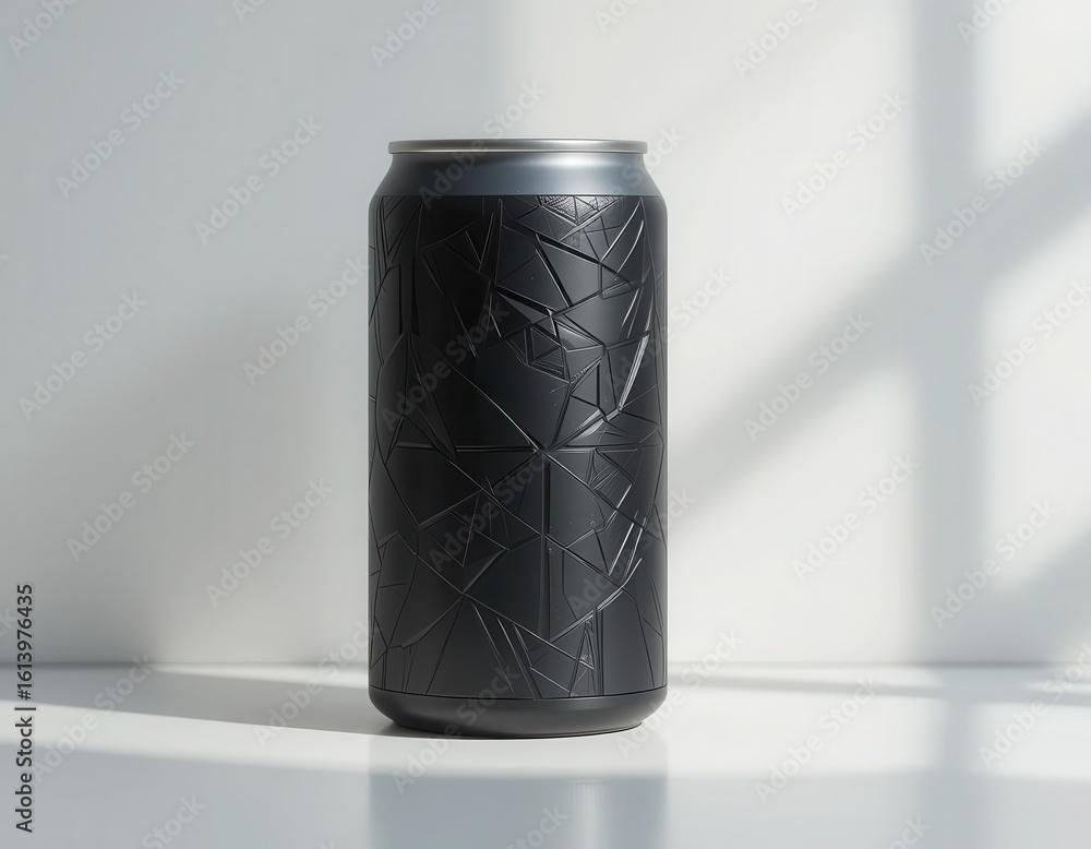 Poster modern matte black can with intricate embossed geometric design on minimalist white studio backgroun