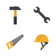Construction Tools and Safety Equipment Flat Design Icon Set on White