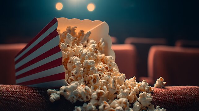 Close up of buttery popcorn spilling out of classic red and white striped box in cinema seat with dramatic lighting real photo stock photography