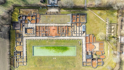 Aerial View of Ancient Roman Villa of Ecternach with a Pool