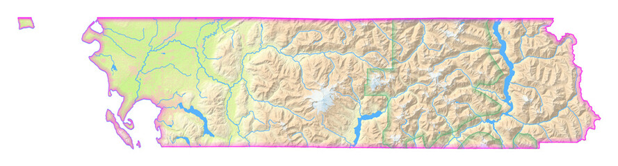 Map of the County Whatcom (Washington, US) showing the isolated County with relief representation. No Lables.