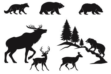 A striking vector collection of black wild animal silhouettes including deer, wolves, bears, and birds, perfect for nature-themed illustrations