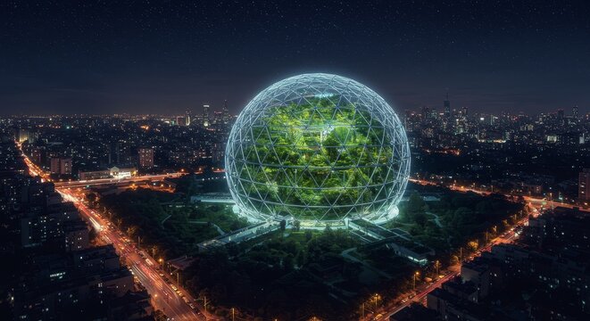 Futuristic Biodome Integrating Nature into Urban Life at Night Cityscape