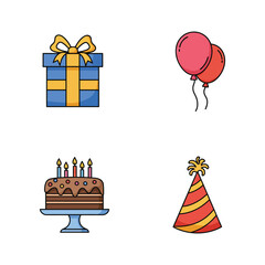 Birthday Party Celebration Icons with Cake Balloons Gift and Party Hat