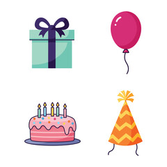 Birthday Party Elements Including a Cake Gift Balloon and Party Hat