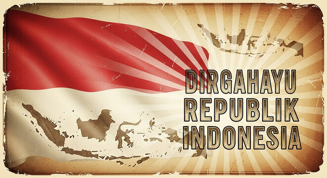 Vintage Indonesian Independence Day celebration poster with flag and map. Patriotic concept design with retro sunburst background.