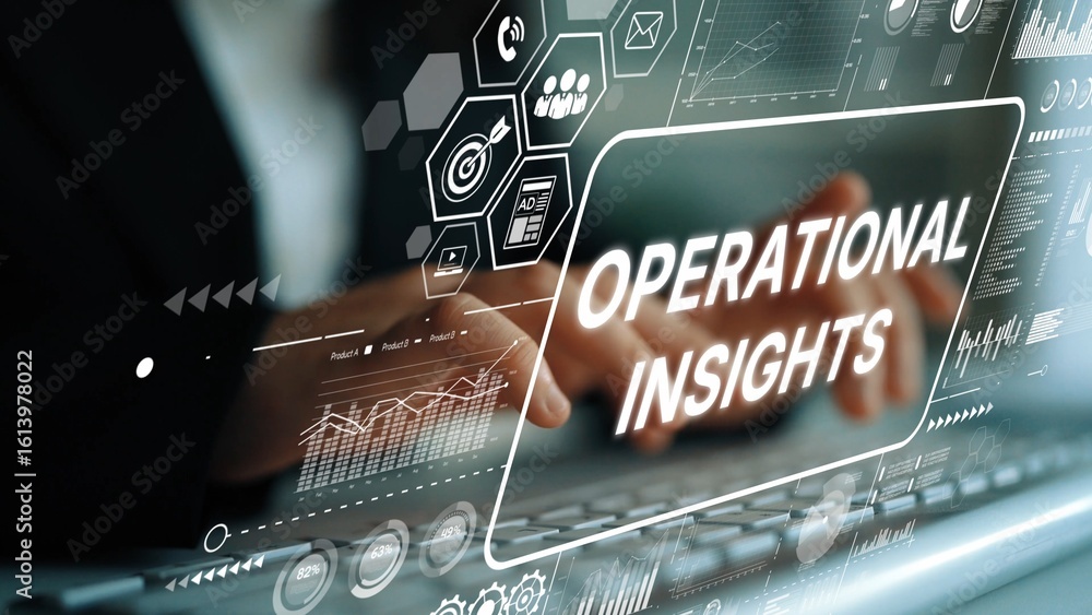 Poster futuristic business concept with operational insights displayed on digital interface and hands typin