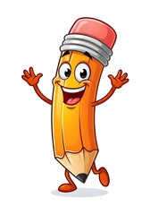 cute cartoon pencil character happy isolated on white