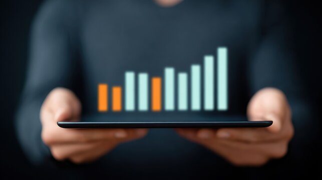 A man is holding a tablet with a graph on it