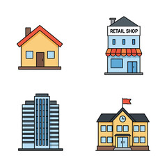 Fototapeta premium Collection of building icons including house shop skyscraper and school