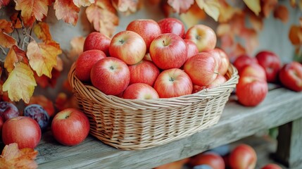 Freshly Picked Apples in a Woven Basket Surrounded by Autumn Leaves on a Wooden Bench.