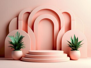 Minimalist Pink Product Display Podium with Geometric Arches and Plants for Presentation-Clean solid background (easy to isolate)