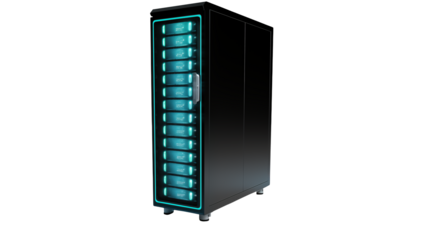 Modern server rack with glowing blue lights for data storage solutions and technology infrastructure needs