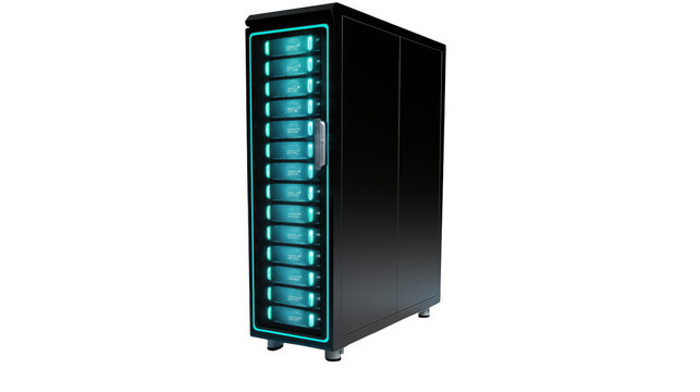Modern server rack with glowing blue lights for data storage solutions and technology infrastructure needs