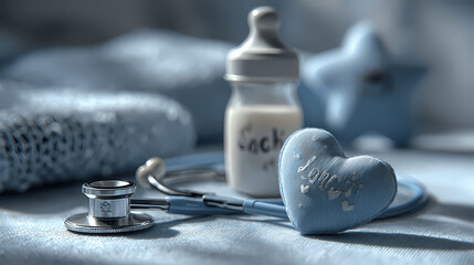 A tender composition of healthcare and baby-themed elements in blue tones.