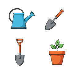 Gardening Tools Illustration Set Featuring Watering Can Shovels and Potted Plant