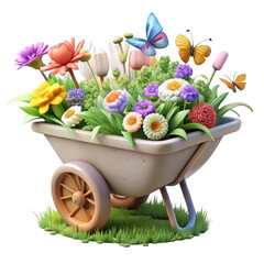 Cartoon wheelbarrow filled with colorful flowers and butterflies
