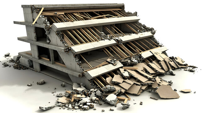 Devastation of a multi-story concrete structure.  Interior wooden beams and support structures are exposed.  Debris scattered across a white background