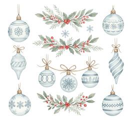 Christmas ball ornaments charming tree toys vector set. Elegant botanical elements holly branches with red berries and blue snowflakes, perfect for creating charming holiday cards.