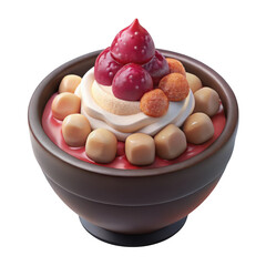 Bowl of bingsu with strawberries, cream, and mochi