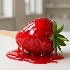 Morango do amor, com calda vermelha caindo sobre ele, fundo confeitaria desfocado e base branca, morango com folhas e cabo de madeira simulando uma maça do amor.