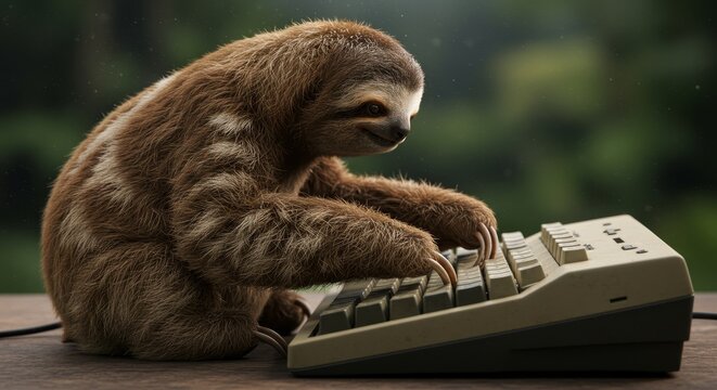 A whimsical scene featuring a sloth diligently typing on a vintage computer keyboard