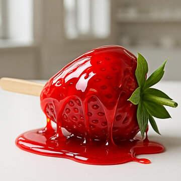 Morango do amor, com calda vermelha caindo sobre ele, fundo confeitaria desfocado e base branca, morango com folhas e cabo de madeira simulando uma ma&ccedil;a do amor.
