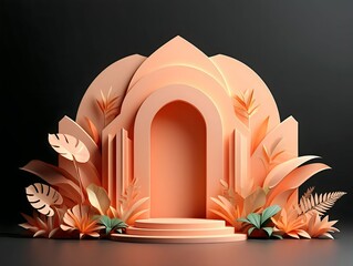 Elegant Peach Podium with Arches and Tropical Leaves for Product Display and Presentation-Clean solid background (easy to isolate)