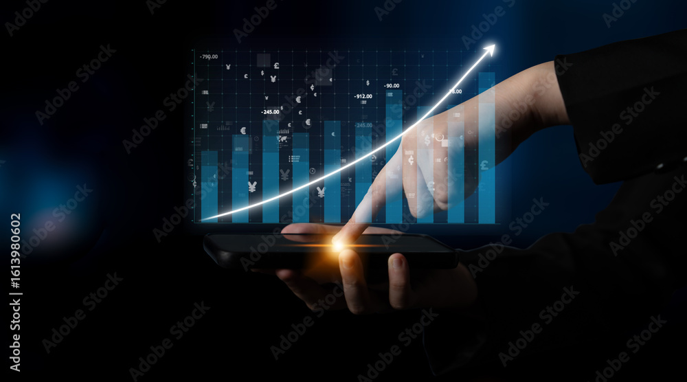 Aufkleber a person points at a smartphone screen displaying analytical data and growth trends. the image repre