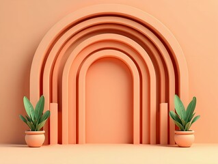 Minimalist Peach Archway with Potted Plants for Product Display or Background Modern and Clean Aesthetic-Clean solid background (easy to isolate)