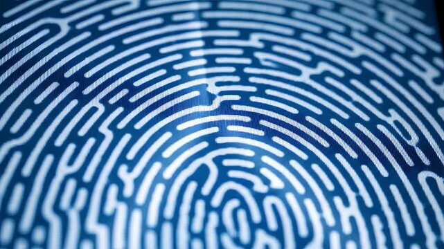 Detailed macro shot of blue fingerprint identification digital security technology concept background
