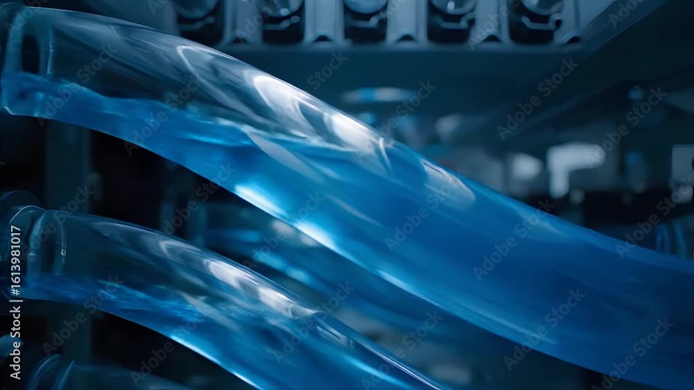Poster close-up of blue tubing system in a high tech machine showing fluid flow and modern engineering conc