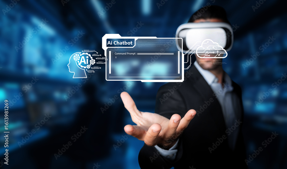 Poster engaging look at a professional using a virtual reality headset interacting with a futuristic ai cha