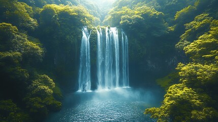 Waterfall in lush green valley