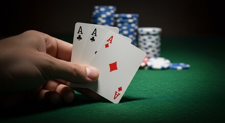 Close-up of a Hand Holding Three Aces in a Casino Setting with Poker Chips in the Background