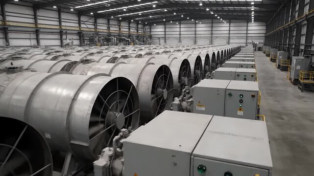 Industrial facility with large fans and control panels providing climate control and ventilation