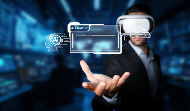 Engaging look at a professional using a virtual reality headset interacting with a futuristic AI chatbot interface, showcasing advanced automation and machine learning technology. XDMCP